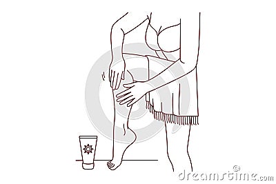 Woman apply sunscreen on legs Vector Illustration