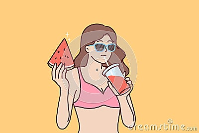 Woman in bikini drinks fruit smoothie and eats watermelon relaxing on beach or pool party Vector Illustration