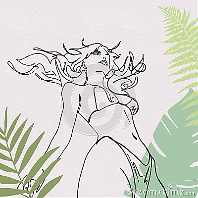 Woman in the bikini one line drawing. Minimalistic background in green colors Stock Photo