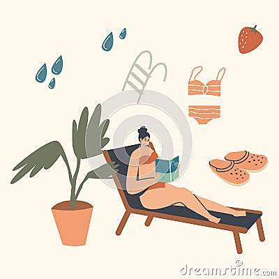 Woman in Bikini Sitting on Deck Chair at Pool or Beach Read Interesting Book. Female Character Bookworm Vector Illustration