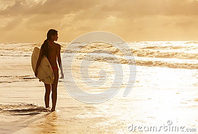 Woman Bikini Surfer & Surfboard Sunset Beach Stock Photo