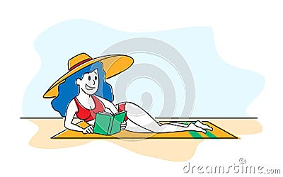 Woman in Bikini and Tropical Hat Lying on Sandy Beach Read Interesting Book. Female Character Bookworm Vector Illustration