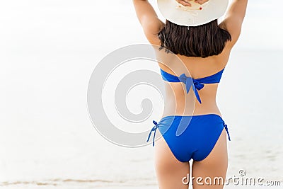 Woman In Bikini Posing With Hat At Beach Stock Photo