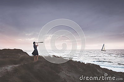 Woman with binoculars observes the infinite ocean , concept of freedom and travel Stock Photo