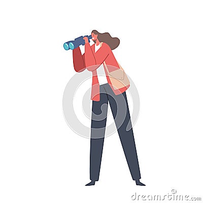 Woman With Binoculars Observing Her Surroundings With Curiosity And Intensity. Female Character Seeking Adventure Vector Illustration