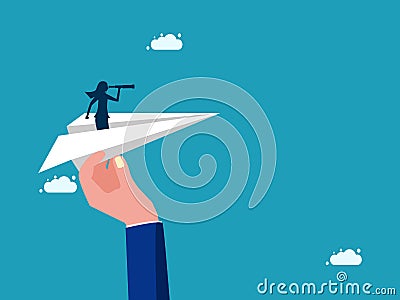 woman binoculars on a paper plane. Help support the achievement of business goals. business concept Vector Illustration