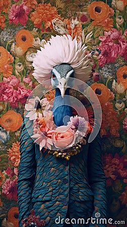 woman beautiful lady glamour fashion bird young face jungle peacock beauty. Generative AI. Stock Photo