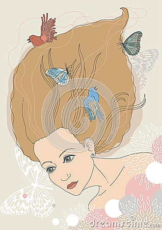 Woman with Birds and Butterflies Vector Illustration