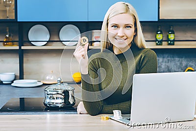 Woman bitcoin trading Stock Photo