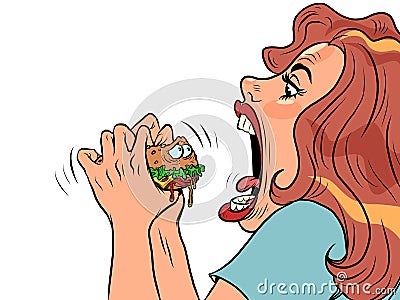 Woman bites cute burger character in restaurant, Fast food humor Vector Illustration