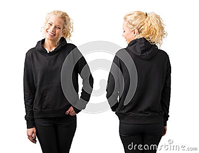 Woman in black blank hoodie on white background Stock Photo