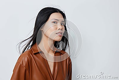 Beautiful woman glamour cosmetic hair beige portrait model fashion beauty asian Stock Photo