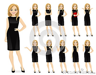 Woman in black dress character set Vector Illustration