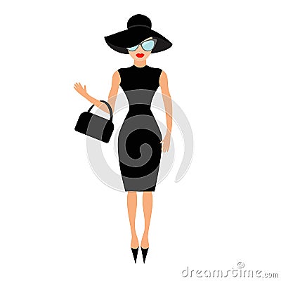 Woman in black elegant hat, bag and sunglasses waving. Rich and beautiful celebrity girl. Beauty fashion model face red lips. Vector Illustration