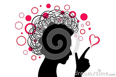 Woman black head silhouette with hand and pink heart with circles Stock Photo