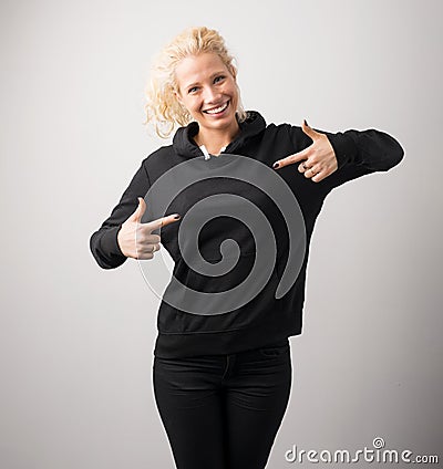 Woman in black hoodie, template for your own design Stock Photo