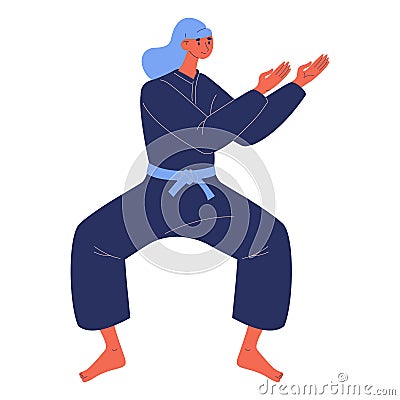 Woman in black kimono training ninjutsu isolated on white. Vector lovely character drawn in cartoon style Vector Illustration