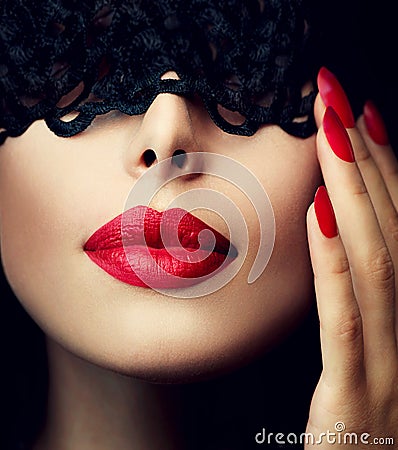 Woman with Black Lace Mask Stock Photo