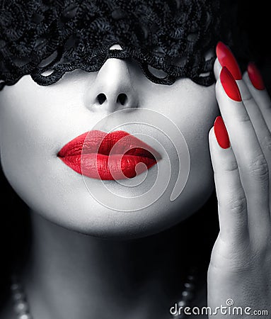 Woman with Black Lace Mask Stock Photo