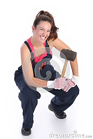 Woman with black rubber mallet Stock Photo