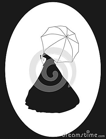 Woman black silhouette in classic dress in oval frame. Drawn noble lady in long gown isolated on white, vector eps 10 Vector Illustration
