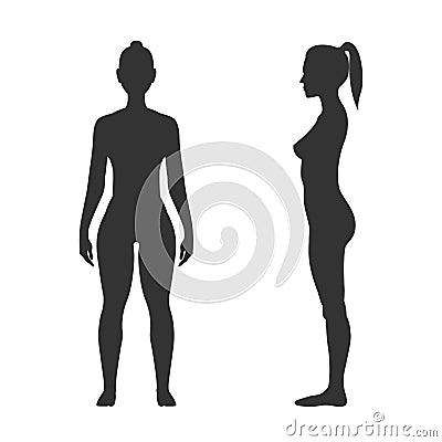 Woman black silhouette, front and side view Vector Illustration