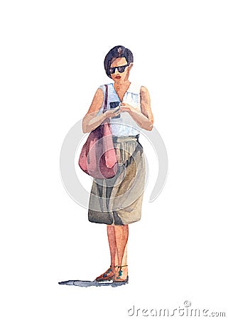 Woman in black sunglasses, a white blouse, a khaki skirt and sandals with a cherry bag on her shoulder looking into her mobile Cartoon Illustration