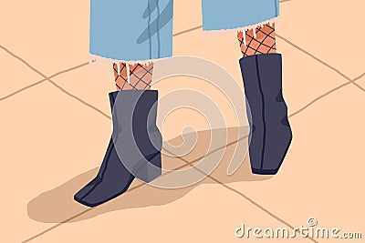 Woman in black trendy ankle boots with low heel and square toe. Female feets in stylish elegant leather footwear. Autumn Vector Illustration