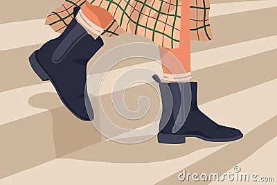 Woman in black trendy chelsea boots. Female legs in stylish comfortable leather demi-season footwear. Fall or spring Vector Illustration