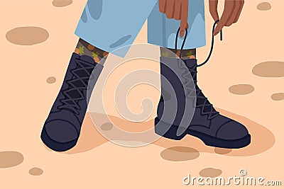 Woman black trendy high lace up army boots. Female feet in unisex comfortable footwear. Character tying shoelaces Vector Illustration