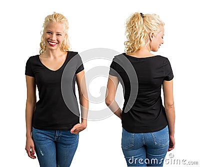 Woman in black v neck T-shirt Stock Photo