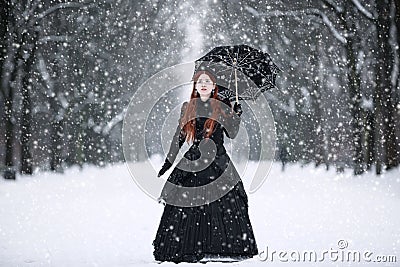 Woman in black Victorian dress Stock Photo