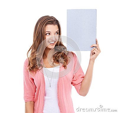 Woman, blank board and smile for mockup space in studio, paper and bulletin for announcement. Happy female person Stock Photo