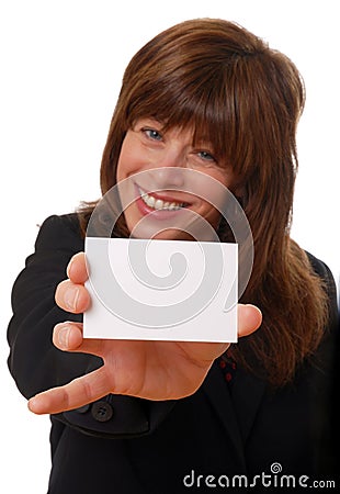 Woman with blank business card, space for text Stock Photo