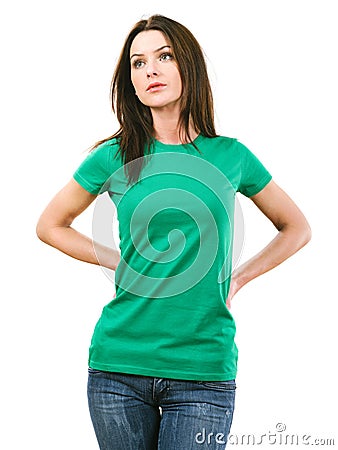 Woman with blank green shirt Stock Photo
