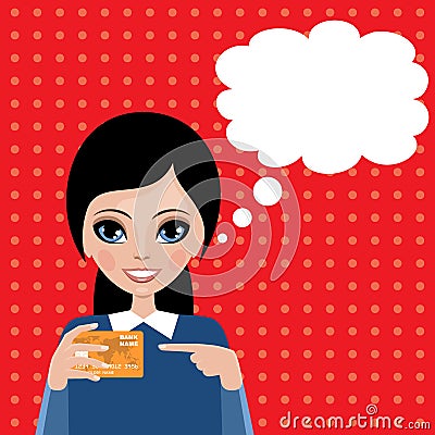 Woman blank speech bubble with payment card Vector Illustration