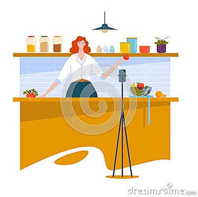 Woman blogger character, cooking stream online internet show, girl prepared food isolated on white, cartoon vector Vector Illustration