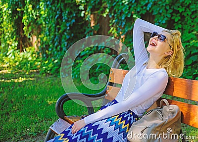 Woman blonde with sunglasses dream about vacation. Time for myself. Lady needs relax and dreaming about vacation. Girl Stock Photo