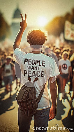 A young man wearing a 'People Want Peace' AI-generated T-shirt Stock Photo
