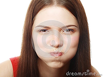 Woman blowing cheeks Stock Photo