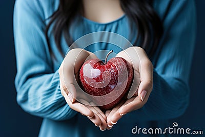 A woman with blue blouse holding a heart shaped apple in her hands Stock Photo