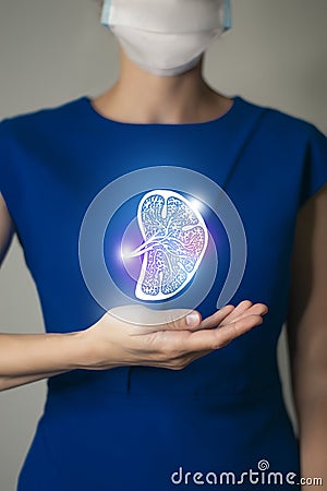 Woman in blue clothes holding virtual sketchy drawing of spleen in hand. Stock Photo