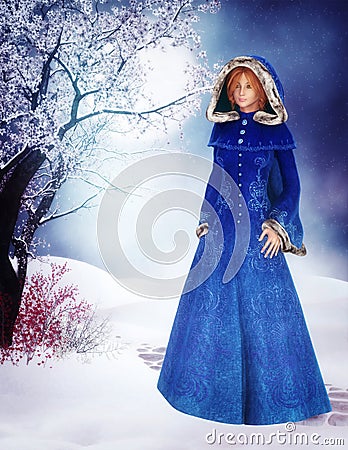 Woman in blue coat Cartoon Illustration