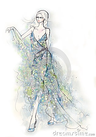 Woman in Blue Dress Cartoon Illustration