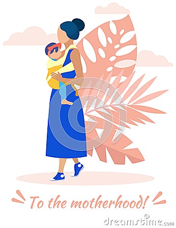 Woman in Blue Dress with Carries Baby. Motherhood. Vector Illustration