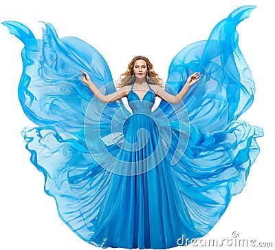 Woman Blue Dress, Fashion Model in Long Waving Gown as Wings, Flying Fabric Stock Photo