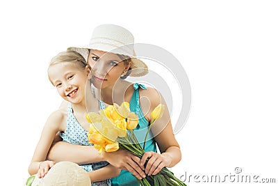 The woman in the blue dress with her daughter isolated on a white background. Stock Photo