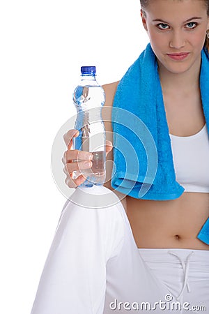 Woman with blue fitness towel Stock Photo