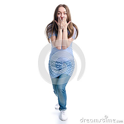 Woman in blue jeans standing hands up smiling happiness wow surprise Stock Photo