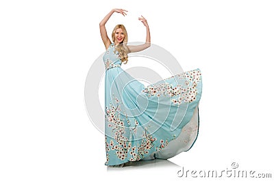 Woman in blue long dress with flower prints Stock Photo